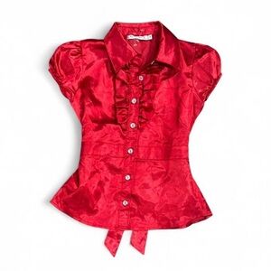 George Red Satin Ruffle-Front Puff Sleeve Blouse